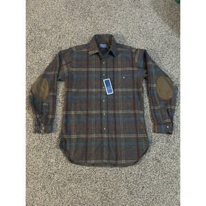Pendelton Wool Trail Shirt Brown Plaid Elbow Patches Men's Medium USA Made